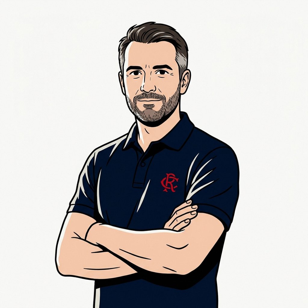 Portrait illustré de David Bégu, entraîneur principal du Rugby Club Révélois, en polo navy avec l'écusson RCR